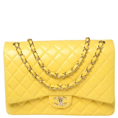 Pre-owned Chanel Yellow Quilted Leather Maxi Classic Double Flap Bag