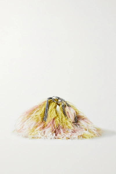 Shop Jimmy Choo Callie Tasseled Feather And Satin Clutch In Yellow