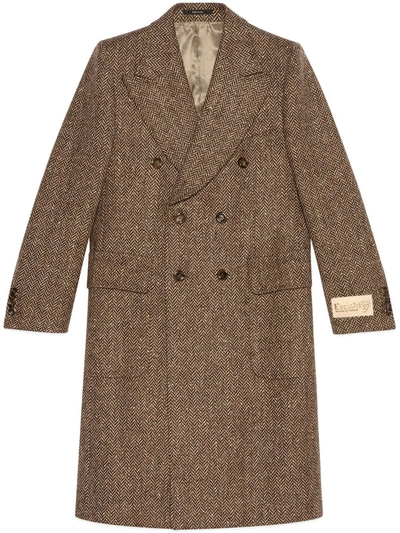Shop Gucci Herringbone Double-breasted Coat In Braun
