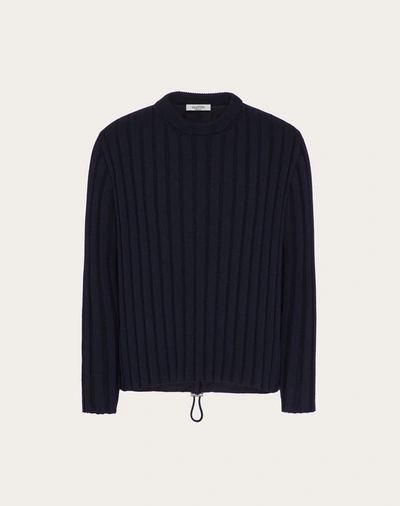 Shop Valentino Uomo Crewneck Sweater With Wool And Nylon Mix In Navy