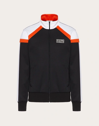 Shop Valentino Uomo Technical Cotton Sweatshirt With Vltn Tag Color Block In Black/neon Orange