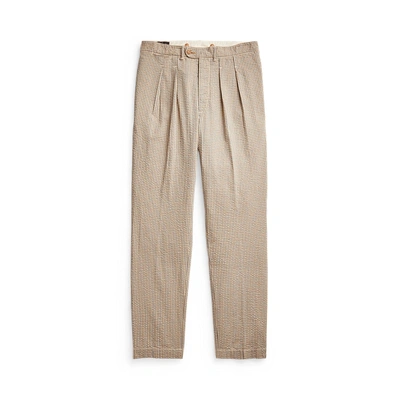 Shop Double Rl Slim Fit Pleated Seersucker Pant In Cream/blue/brown Multi