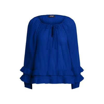 Shop Lauren Ralph Lauren Ruffle-trim Crinkle Cotton Top In Sapphire Star