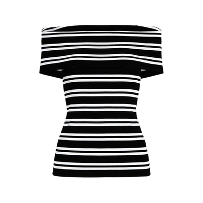 Shop Lauren Petite Striped Off-the-shoulder Top In Polo Black/white