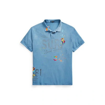 Shop Polo Ralph Lauren Tropical-embroidered Mesh Polo Shirt In Delta Blue