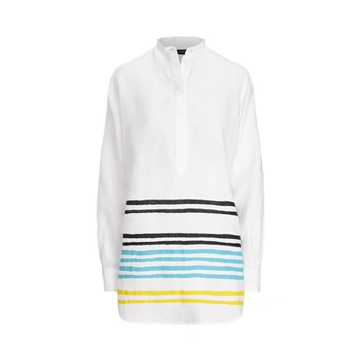Shop Lauren Petite Striped Linen Tunic In Capri Water Multi