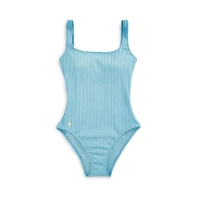 Shop Ralph Lauren Ribbed Scoopback One-piece In Blue Crush