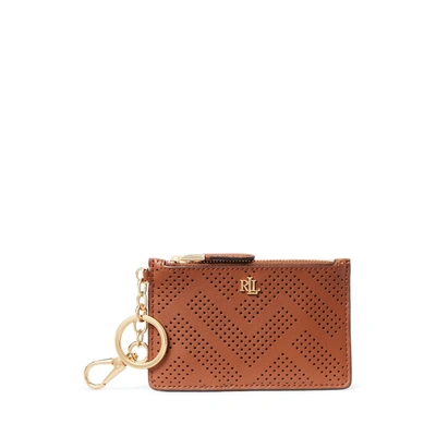 Shop Lauren Ralph Lauren Perforated Leather Zip Card Case In Lauren Tan