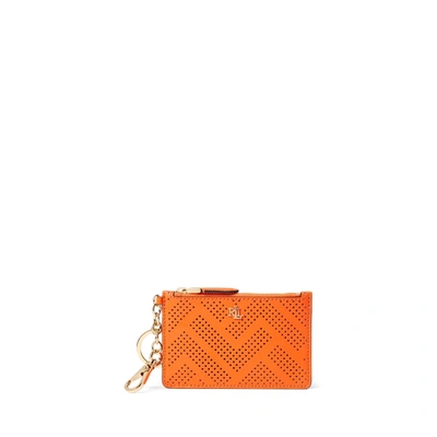 Shop Lauren Ralph Lauren Perforated Leather Zip Card Case In Nautical Orange