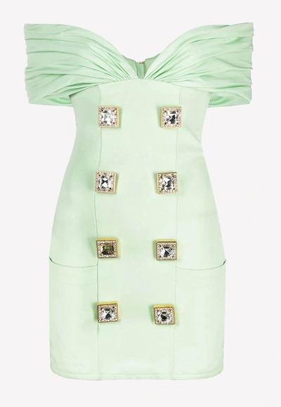 Shop Balmain Crystal Embellished Off-shoulder Cotton Mini Dress In Green