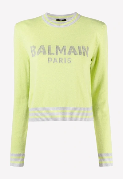 Shop Balmain Logo Intarsia Sweater In Wool Blend In Green