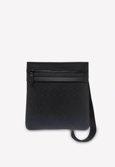 Shop Ferragamo Travel Embossed Shoulder Bag In Calfskin And Fabric In Black