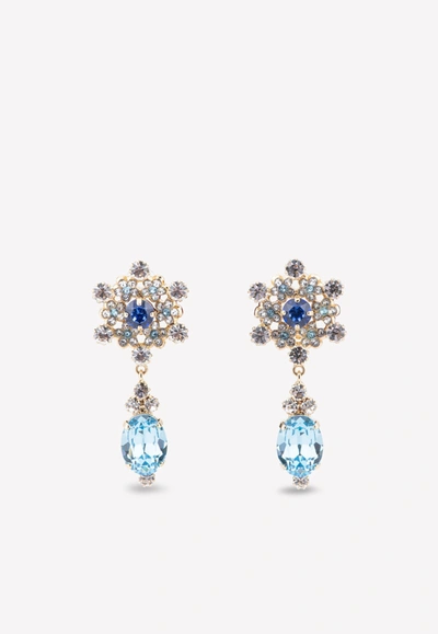 Shop Dolce & Gabbana Clip-on Earrings With Gold-plated Embellished Drops In Blue