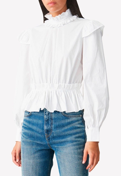 Shop Ganni Poplin Cotton Cropped Blouse In White