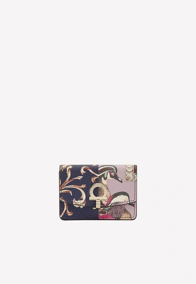 Shop Ferragamo Calfskin Cardholder With Foulard Print In Multicolor