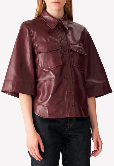 Shop Ganni Wide Sleeve Leather Shirt In Bordeaux
