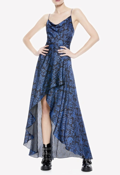 Shop Alice And Olivia Christina Asymmetrical Satin Midi Dress In Blue