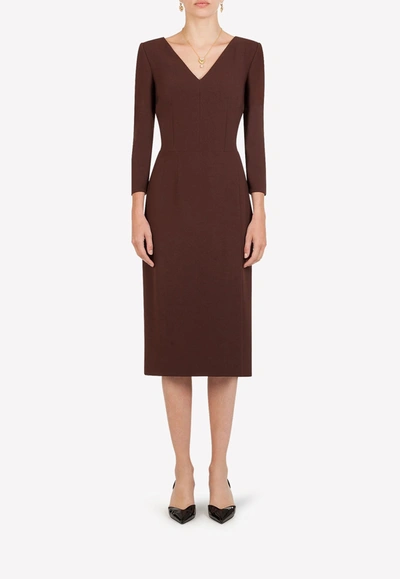 Shop Dolce & Gabbana Cady Midi Dress With Side Slit In Brown