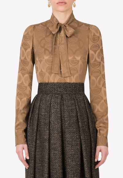 Shop Dolce & Gabbana Dg Logo Jacquard Silk Blouse With Bow In Brown