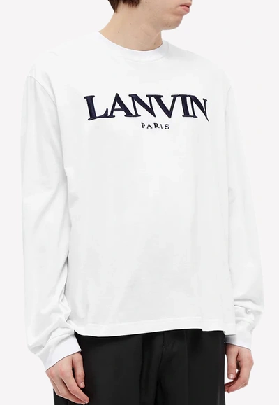 Shop Lanvin Logo Embroidered Long Sleeves Cotton T-shirt In White