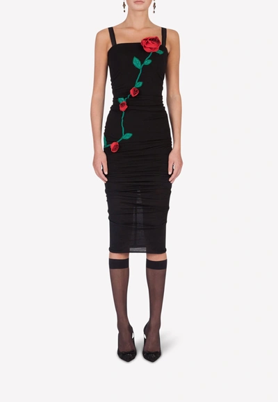Shop Dolce & Gabbana Sheath Midi Dress With Rose Appliqués In Black