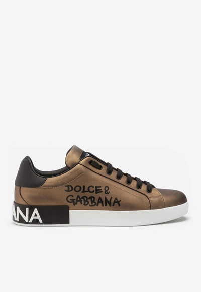 Shop Dolce & Gabbana Portofino Sneakers In Metallic Calfskin In Bronze