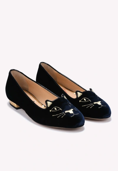 Shop Charlotte Olympia Kitty Velvet Leather Flats In Blue