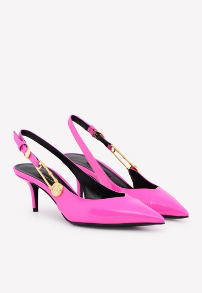Shop Versace 55 Patent Leather Safety Pin Slingback Kitten Pumps In Pink
