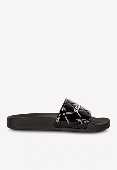 Shop Balenciaga Quilted Logo Rubber Slides In Black