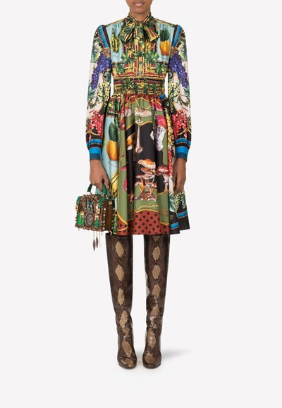 Shop Dolce & Gabbana Autumn Nature Print Midi Dress In Silk Twill In Multicolor