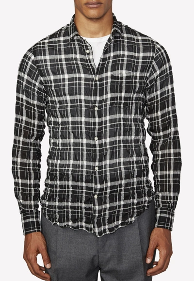 Shop Officine Generale Lipp Checked Wrinkled Shirt In Cotton Blend In Black