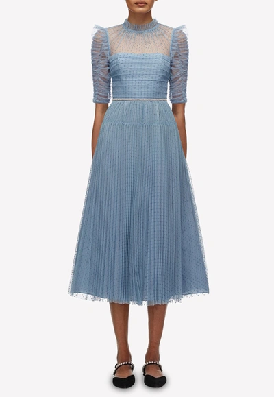 Shop Self-portrait Polka Dot Pleated Mesh Midi Dress In Blue