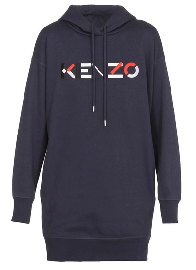 Shop Kenzo Logo Embroidered Hoodie Dress In Blue