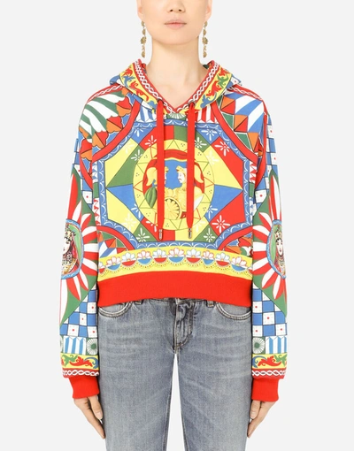 Shop Dolce & Gabbana Cropped Jersey Hoodie With Carretto Print In Multicolor