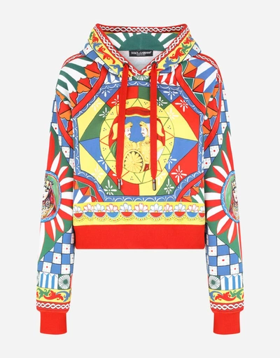 Shop Dolce & Gabbana Cropped Jersey Hoodie With Carretto Print In Multicolor