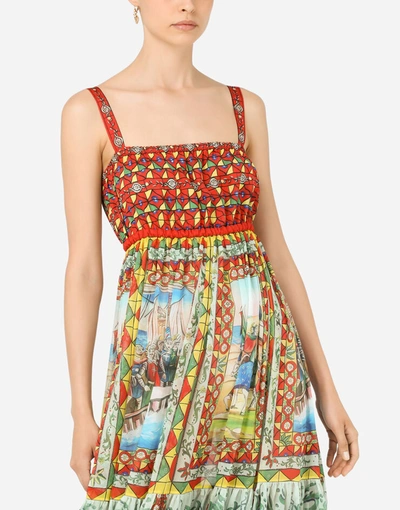 Shop Dolce & Gabbana Long Carretto-print Chiffon Dress In Multicolor