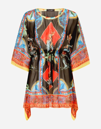 Shop Dolce & Gabbana Short Carretto-print Chiffon Caftan In Multicolor