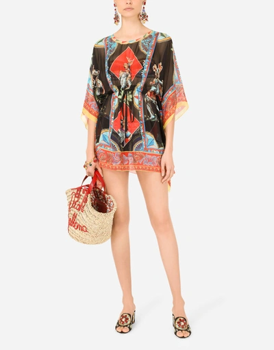 Shop Dolce & Gabbana Short Carretto-print Chiffon Caftan In Multicolor