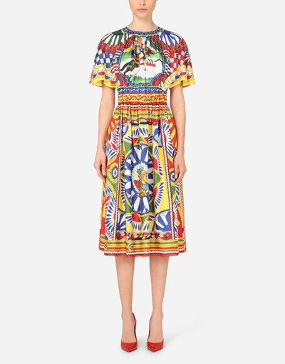 Shop Dolce & Gabbana Calf-length Dress In Carretto-print Silk In Multicolor