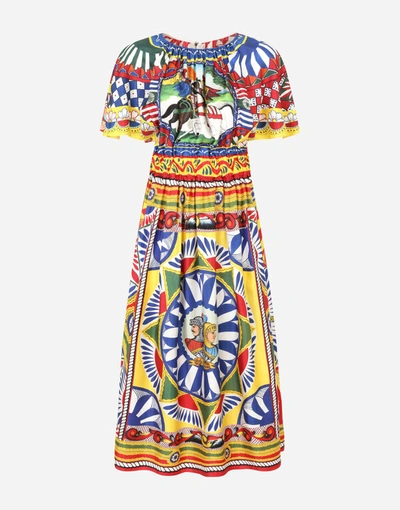 Shop Dolce & Gabbana Calf-length Dress In Carretto-print Silk In Multicolor