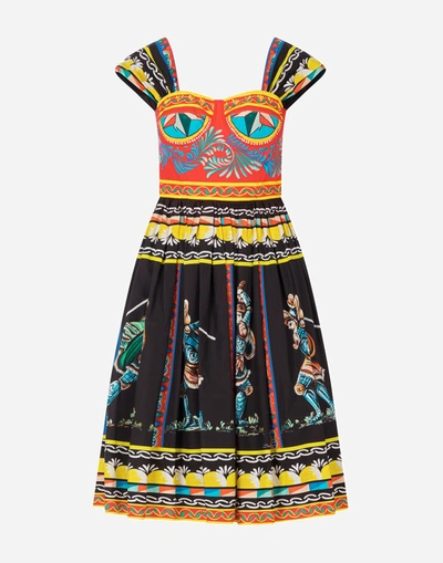 Shop Dolce & Gabbana Bustier Midi Dress In Carretto-print Poplin In Multicolor