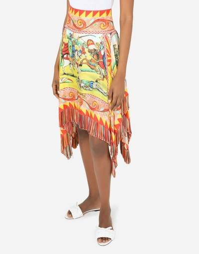 Shop Dolce & Gabbana Short Carretto-print Twill Skirt With Fringing In Multicolor