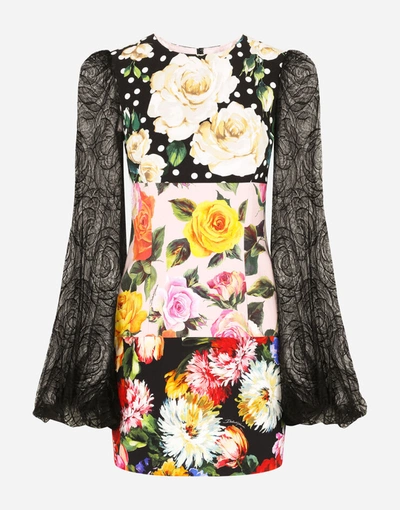 Shop Dolce & Gabbana Short Patchwork Cady Dress With Lace Sleeves In Multicolor
