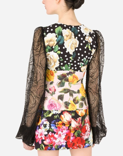 Shop Dolce & Gabbana Short Patchwork Cady Dress With Lace Sleeves In Multicolor