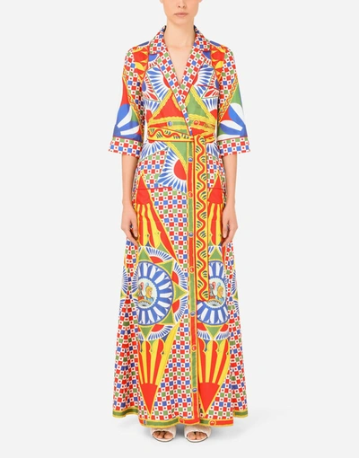 Shop Dolce & Gabbana Long Carretto-print Twill Robe With Belt In Multicolor