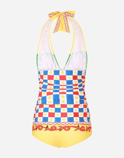 Shop Dolce & Gabbana Carretto-print One-piece Swimsuit With Plunging Neckline In Multicolor