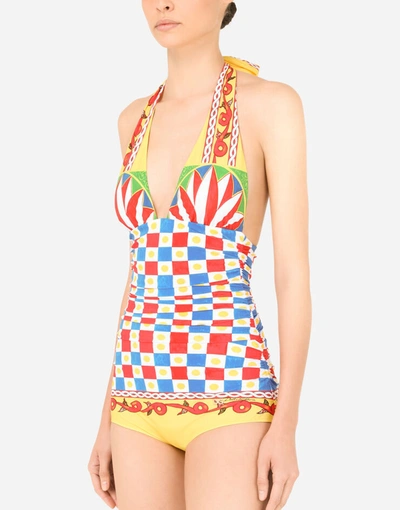 Shop Dolce & Gabbana Carretto-print One-piece Swimsuit With Plunging Neckline In Multicolor