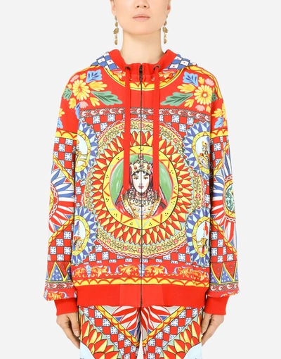 Shop Dolce & Gabbana Jersey Hoodie With Carretto Print In Multicolor