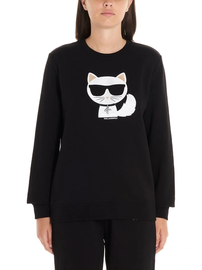 Shop Karl Lagerfeld Ikonik Choupette Crewneck Sweatshirt In Black