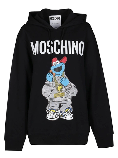 Shop Moschino Cookie Monster Printed Drawstring Hoodie In Black